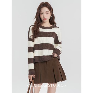 羋小可美拉德穿搭咖色條紋針織衫毛衣女秋冬2025新款內搭打底上衣