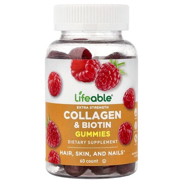 Lifeable, 特強型膠原蛋白和生物維生素軟糖，天然樹莓味，60 粒軟糖