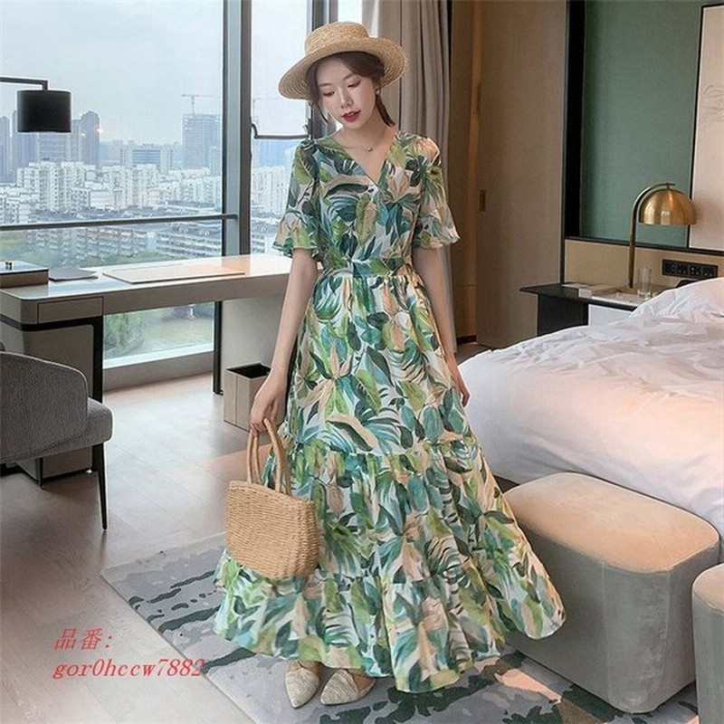 ワンピース レディース キレイめ ワンピ ロングワンピース ロング丈 花柄 リゾートワンピース シフォン Vネック 春 夏 半袖 オシャレ 上品 着痩せ 海 ビーチ 通販 Lineポイント最大get Lineショッピング