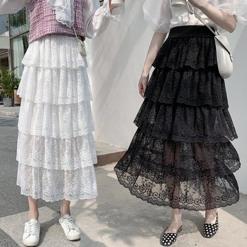 半身裙女春裝新款韓版高腰蕾絲繡花a字裙寬松顯瘦中長蛋糕裙1入
