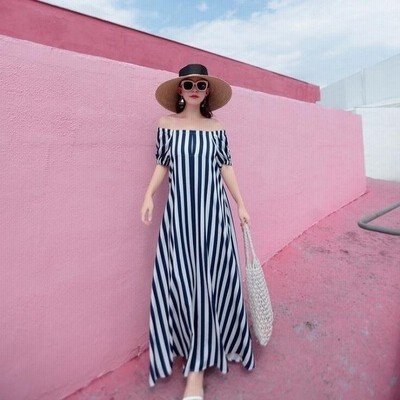 ボヘミアン風 ワンピース レディース マキシワンピース オフショルダー ロングワンピース ストライプ柄 リゾート 夏 ビーチ マキシ丈 人 通販 Lineポイント最大get Lineショッピング