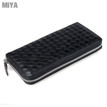 MiYA Carl 歐美羊皮真皮編織男女拉鍊長夾 黑色