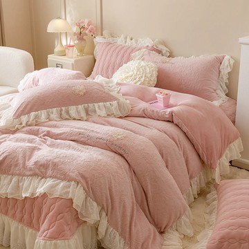 冬季加厚牛奶雕花花邊四件套床蓋雙面絨被套保暖三件套珊瑚床單