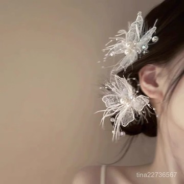新品特惠-靈動飄逸！唯美蕾絲羽毛髮夾精緻少女心側邊夾盤髮器百搭頭飾女 EL5C