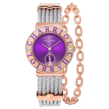 CHARRIOL夏利豪 (ST30PCD3560033) ST-tropez系列字母雕刻玫瑰金鋼索腕錶/紫面 30mm