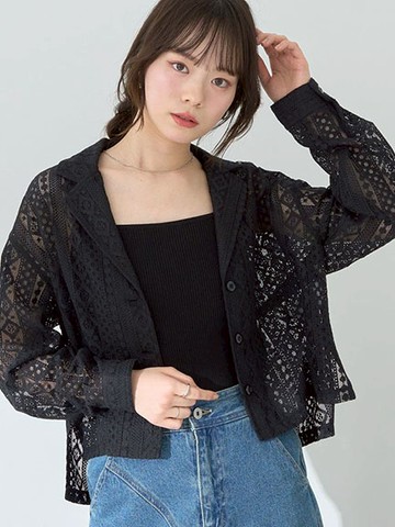 幾何圖案鏤空蕾絲短版襯衫外套(01000032102) - earth music&ecology