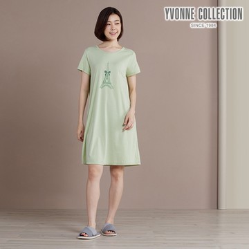 YVONNE 以旺傢飾 【乳木果】巴黎鐵塔印花短袖洋裝-若草綠