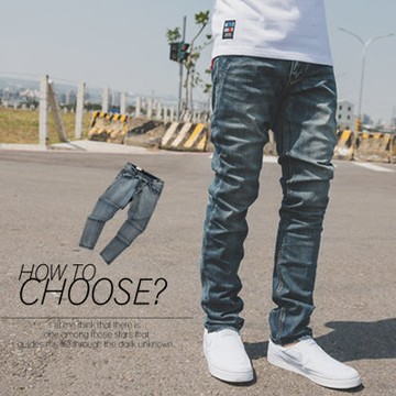 【N9825J】牛仔褲 微刷色後口袋皮革線條素面牛仔褲(UC2019)