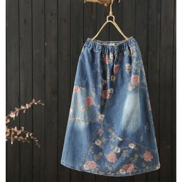 復古文藝松緊腰印花牛仔半身裙女夏季新款中長款百搭A字裙女半裙
