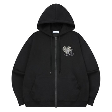 韓國 MUSENT SIERRA LEOPARD HEART HOOD ZIPUP 豹紋愛心刺繡連帽拉鍊外套 黑色 BLACK (NO BRUSHED)
