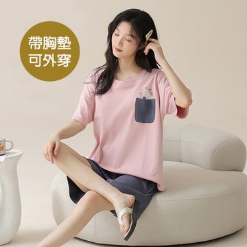 [韓國K.W.]韓國空運沁甜幸福涼爽有胸墊棉短袖睡衣套裝(套裝/棉麻/家居套裝/小香風/涼感)