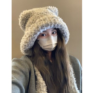 免運🔥小熊耳朵帽子女可愛毛絨絨秋冬新款保暖護耳大頭圍顯臉小雷鋒帽 加厚 毛線帽 針織帽 冷帽 毛帽 漁夫帽 保暖帽