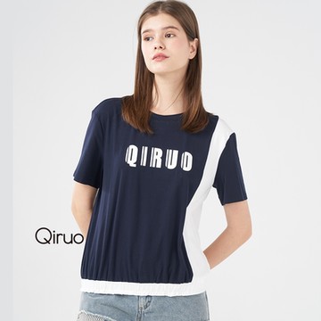 【Qiruo 奇若名品】專櫃精品藍白色短袖短版設計上衣(春夏棉質T☆ 胸前英文字母休閒上衣8227A)