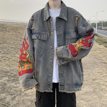 破洞刺繡牛仔外套男美式復古oversize上衣春秋季歐美高街工裝夾克