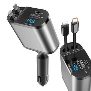 跨境usb車載充電器超級快充type-c車充閃充充數顯帶線充頭批車用