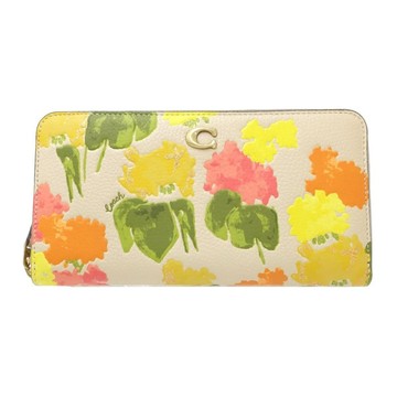 【COACH】印花皮革拉鍊長夾-黃綠桔花朵