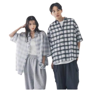 日單男女同款夏季格子短袖襯衫寬松百搭休閑上衣網紗透氣涼快