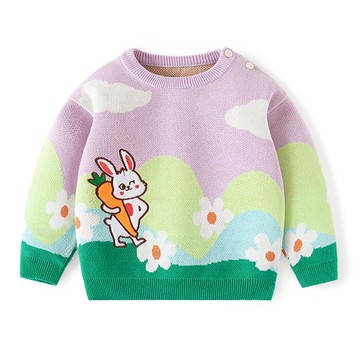 BABUYU - 純棉圓領針織長袖上衣-萌趣豐收小兔-紫色