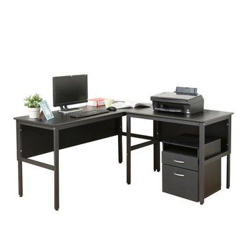 DFhouse       頂楓150+90公分大L型工作桌+活動櫃-黑橡木色