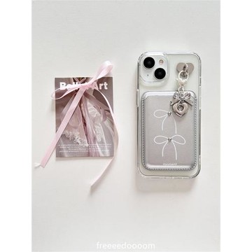 銀色愛心掛件蝴蝶結卡包適用iPhone16promax蘋果14手機殼13磁吸15