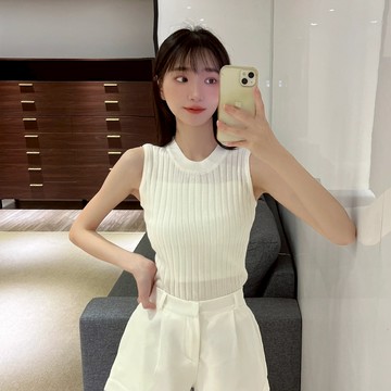 立領坑條針織背心【1502】Sandy33實拍春夏新款韓系INS休閒百搭氣質露肩上衣 無袖背心 女生背心小背心
