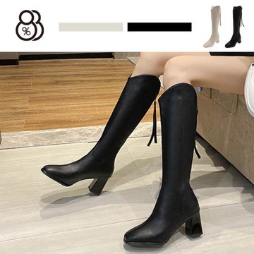 【88%】6cm長靴 優雅氣質百搭筒高34.5CM 皮革方頭後拉鍊流蘇粗跟靴 西部牛仔靴 膝下靴