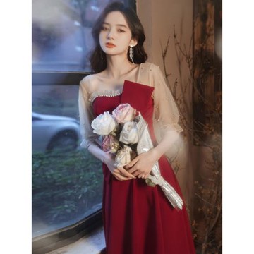 敬酒服新娘2025新款小個子訂婚禮服平時可穿酒紅色回門便裝氣質女