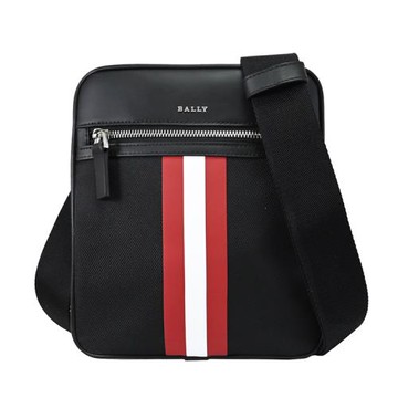 BALLY 6238425 TELFORD 條紋款帆布皮革斜背扁包.黑