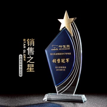水晶獎杯個性定制做獎杯獎牌藍色金屬五角星公司年會頒獎體育比賽