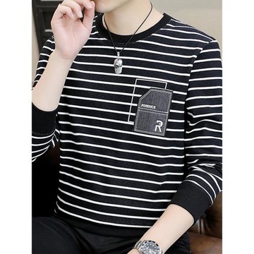 春秋季青年潮流百搭帥氣上衣圓領套頭衛衣男士長袖條紋打底衫T恤