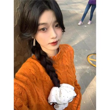 小眾設計感！顯白橘色絞花扭繩麻花毛衣女圓領套頭針織衫外穿加厚