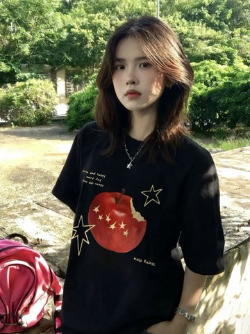 女生上衣 慵懶風 男生短袖 oversize寬鬆 韓版短T 圓領半袖 上衣女設計感小眾水果黑色純棉夏季寬鬆上衣流行