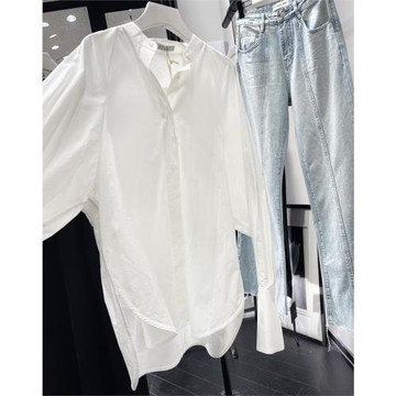 WUZHI高品質顯瘦小眾立領開叉襯衫 高級感插肩公主袖白色襯衣6023