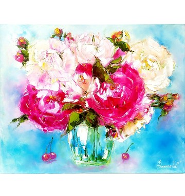 牡丹畫花卉原創藝術花卉牆壁藝術花瓶中的粉紅色牡丹 16x20 英寸