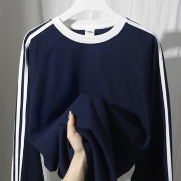 她然三條杠藏青撞色插肩袖長袖T恤女春秋款疏離感穿搭上衣外套男