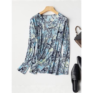 減齡t恤印花大碼女裝長袖真絲襯衫女雙面針織套頭打底衫肌底衣T恤