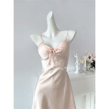 【溫柔感】蝴蝶結女士冰絲睡衣夏季女款性感純欲帶胸墊吊帶睡裙