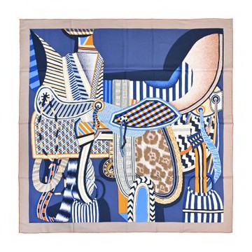 Hermes 愛馬仕 La Selle Imaginaire 140馬鞍印象混羊絨披肩/方巾(亮棕/藍/赭)