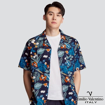 【Emilio Valentino】古巴領短袖花襯衫-藍