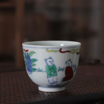 明成化青花斗彩手繪人物童子小茶杯品茗主人杯景德鎮精致仿古陶瓷