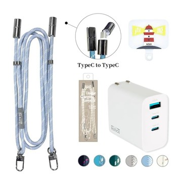 2WAY手機掛繩-65W快充組 (65W氮化鎵PD充電器+TypeC to TypeC) I phone15以上適用 珠光黑+65W氮化鎵三孔充電器