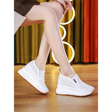 配裙子鏤空樂福鞋內增高9cm厚底簡約真皮小白鞋透氣孔涼單鞋春夏