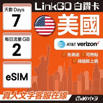 LinkGO白鑽卡 美國 eSIM卡 7天上網卡 每日2GB 高速流量(美國網卡 舊金山 洛杉磯 紐約 西雅圖)