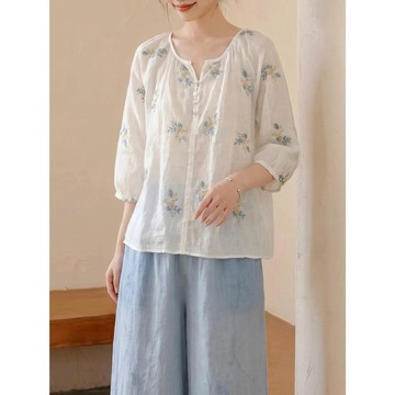 棉麻短袖上衣 透氣 百搭 舒適 高級感淑女風棉麻繡花襯衫女裝寬鬆舒適輕薄圓領短袖氣質顯瘦上衣0717