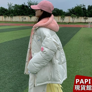 【PAPI】羊羔毛拼接羽絨外套 秋冬新款韓系INS休閒百搭假兩件長袖拉鍊QQ毛連帽外套 羽絨服冬季外套  女【8819】