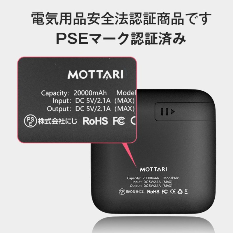 MOTTARI モバイルバッテリー 20000mAh 超小型 大容量 2.1A急速充電