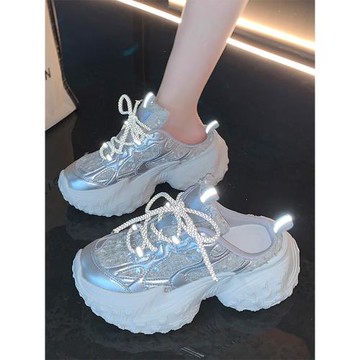 半拖老爹鞋女2025新款夏季超火百搭小個子運動厚底松糕休閑小白鞋