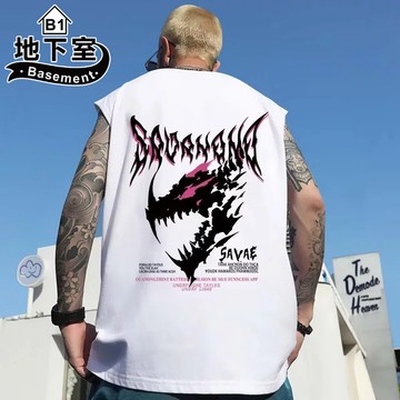 地下室B1-日系復古嘻哈風格無袖上衣 潮流龍頭印花設計 男女百搭 街頭休閒背心 大尺碼8XL【NL626135背心組合】