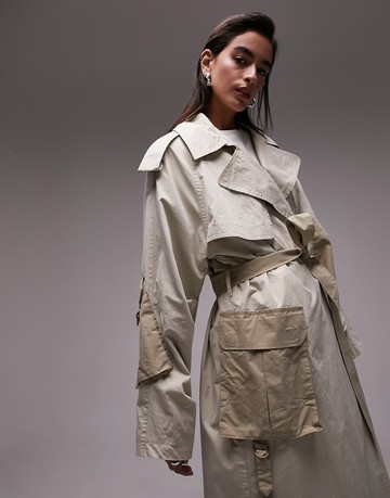 Topshop long-line utility patch pocket trench in light and dark khaki-Neutral