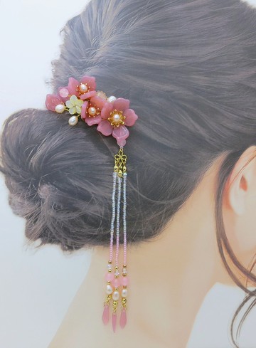 檸檬手作髮飾 牡丹琉璃米珠流蘇髮釵/髮夾/自動夾 (流蘇可拆)
